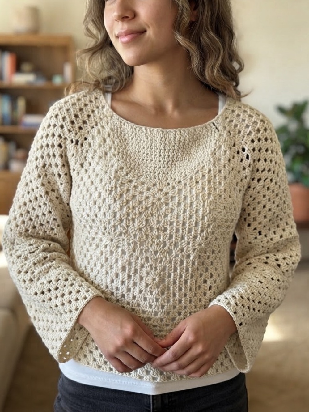Le Lis Cream Crochet Knit Women's Sweater Top